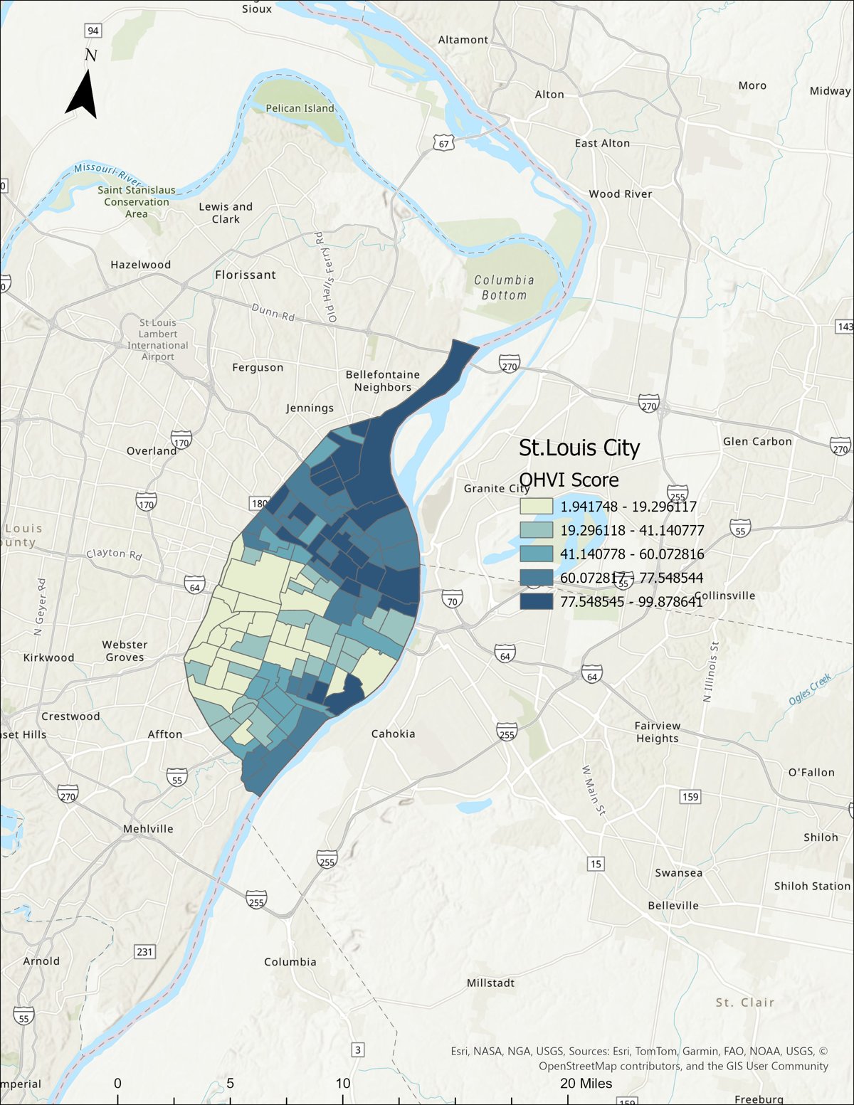 Map of St. Louis City census tracts colored by Oral Health Vulnerability Index score, from pale green for low scores to dark navy for high scores.