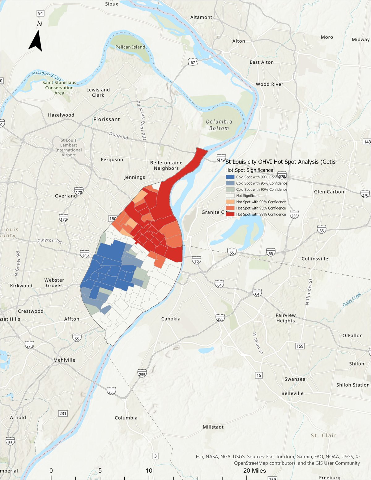 Getis-Ord Gi* hot spot map of St. Louis City, showing red hot spot clusters in the north and blue cold spot clusters in the southwest.